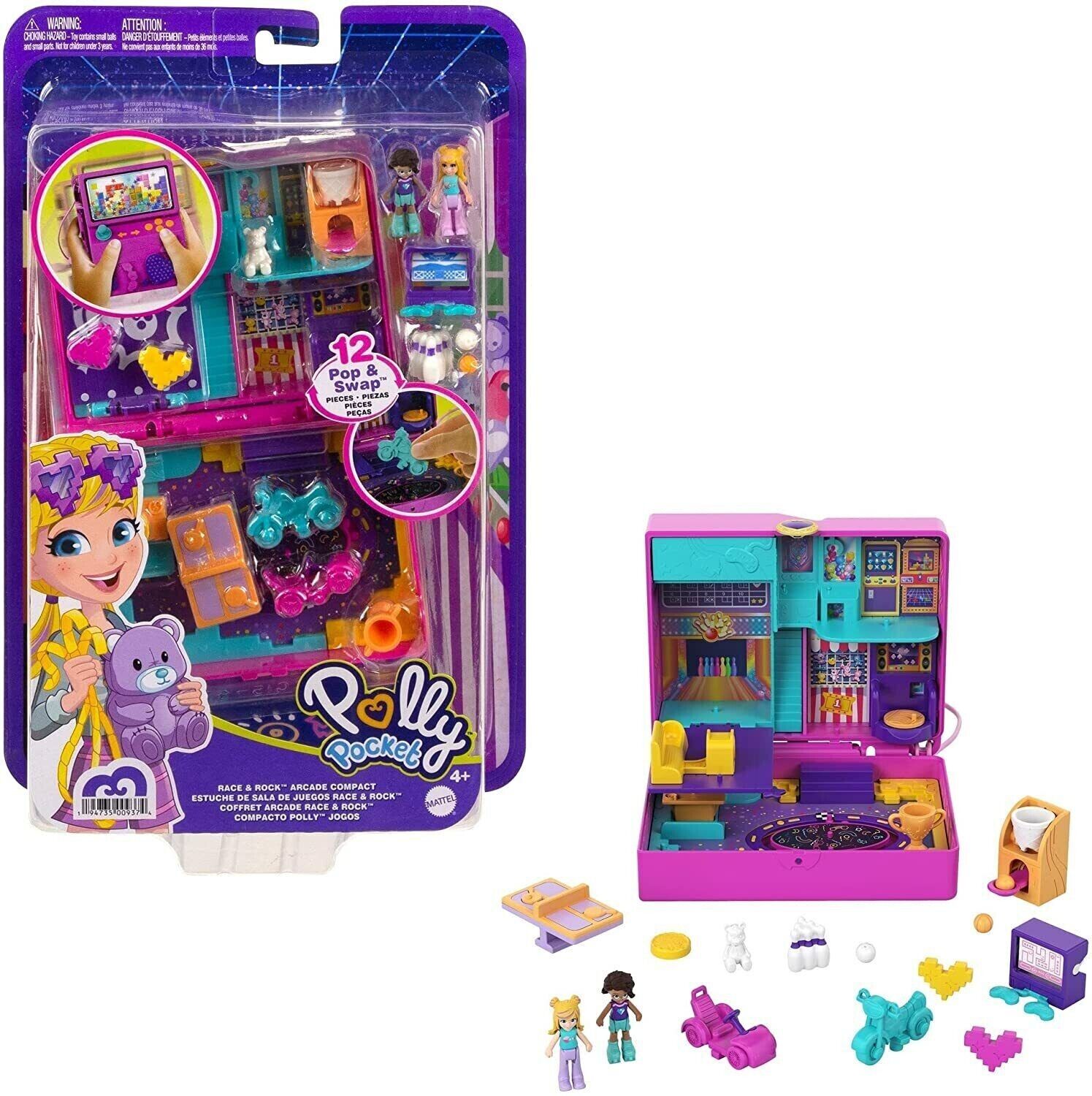 Polly Pocket Race & Rock Arcade Compact 12 Pop & Swap Pieces New By Mattel