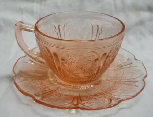JEANETTE CHERRY BLOSSOM PINK DEPRESSION GLASS CUP SAUCER SET #2 