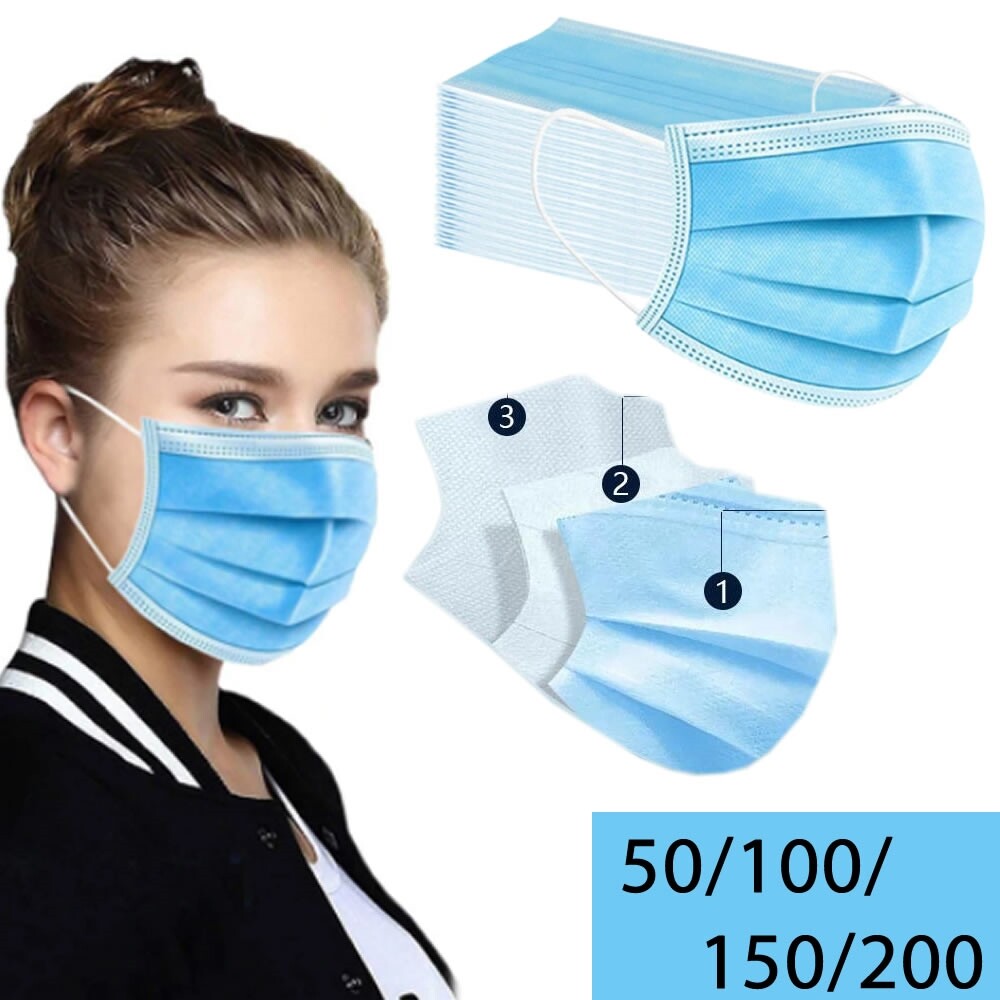 50/100 Stück 3-lagige Schwarze Gesichtsmasken – Einweg, BFE >95%, Für Alltag & Sport, Bequem & Sicher