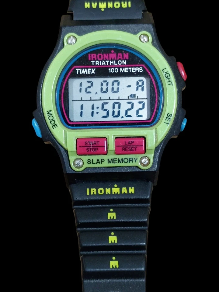 Timex Ironman 铁人三项手表 33 毫米黄色绿色 8圈复古 1993 罕见 OG Mid S — 第 2/4 张图片