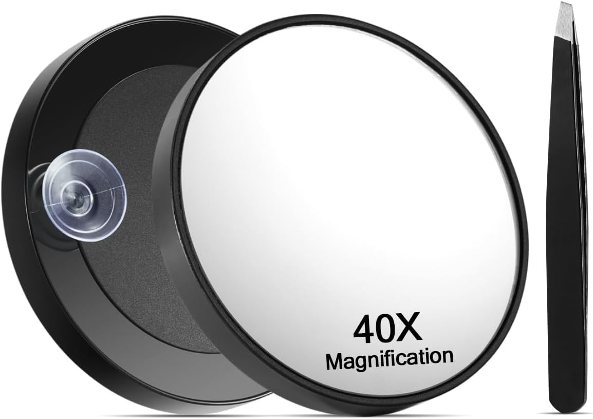 40X Magnifying Mirror with Suction Cups and Tweezers Set, 3.5 Inches Magnified M