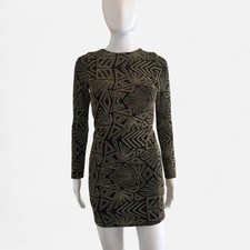 Papaya Black Gold Metallic Geometric Bodycon Short Dress Long Sleeve M