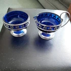 vintage Sugar Bowl with matching Milk/Cream Jug with Cobalt Blue glass Inserts