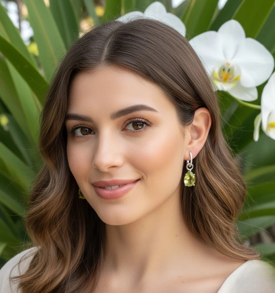 Natural Green Peridot Earrings 2.50Ct Pear Cut Dangle 14K White Gold Plated 925 - Image 4 of 4