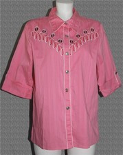 Bob Mackie Embroidered Ladybugs Loops Metal Buttons Short Sleeve Blouse Wm's L