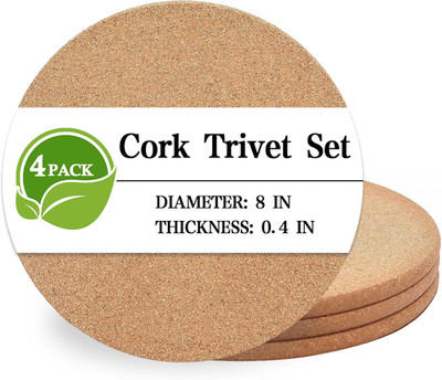 Cork Trivet, 4 Pack High Density Thick Cork Coasters Set for Hot Dishes, 8 Inch 