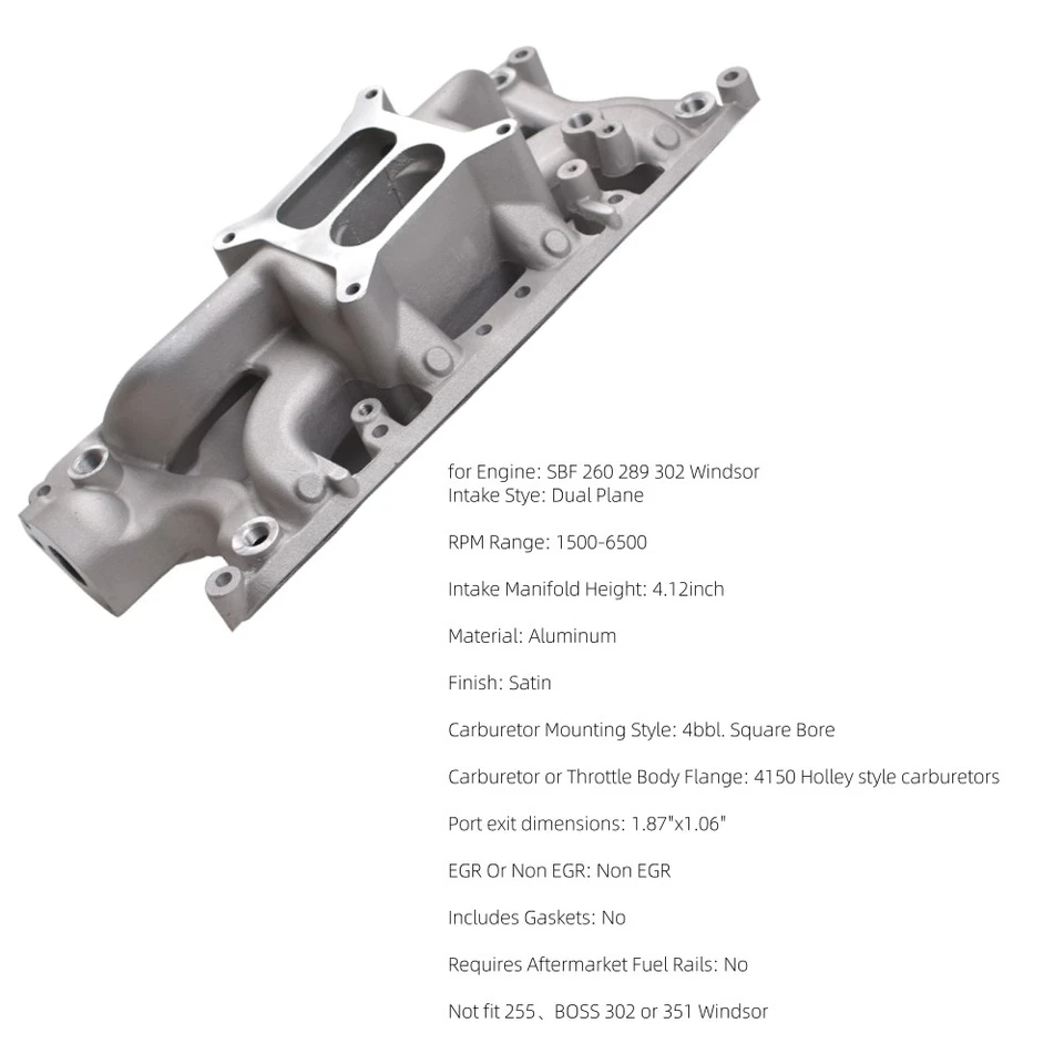 Colector de admisión de aluminio de doble plano para Ford Small Block 260 289 302 Windsor Foto 2 de 4