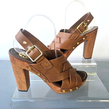 Tory Burch Jodie Brown Woven Leather Chunky Wooden Platform Heel Sandal 8.5M