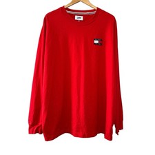 Tommy Jeans Red Long Sleeve Shirt XXL Logo Patch Classic Fit Streetwear Casual