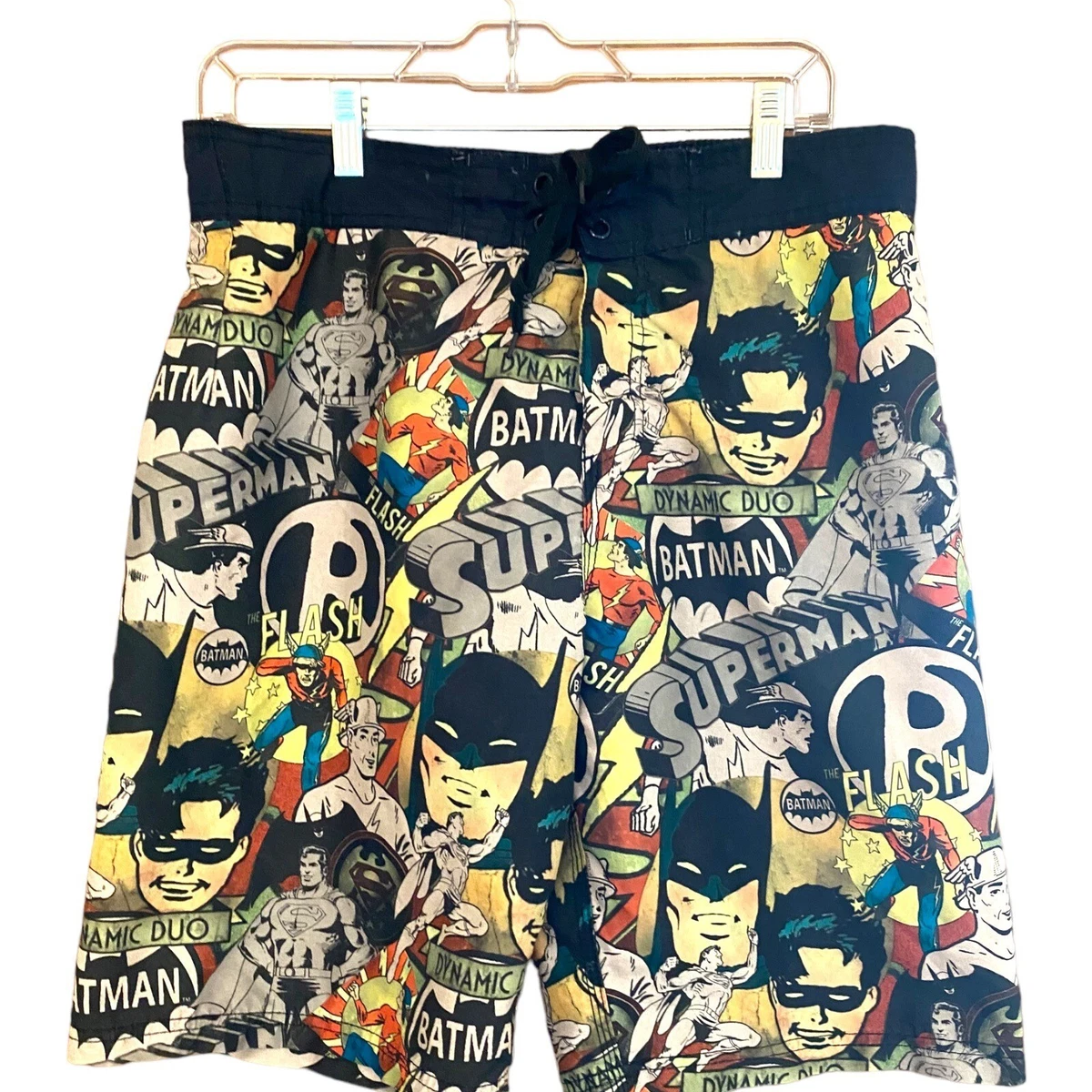 DC Comics Swim Trunks Men Size 32 Black Retro Batman Robin Superman Board Shorts