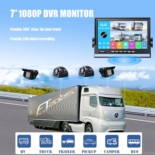 360 View Backup Rear Side View Camera 7'' Quad View DVR Record Monitor USB MP5 - Picture 11 of 21