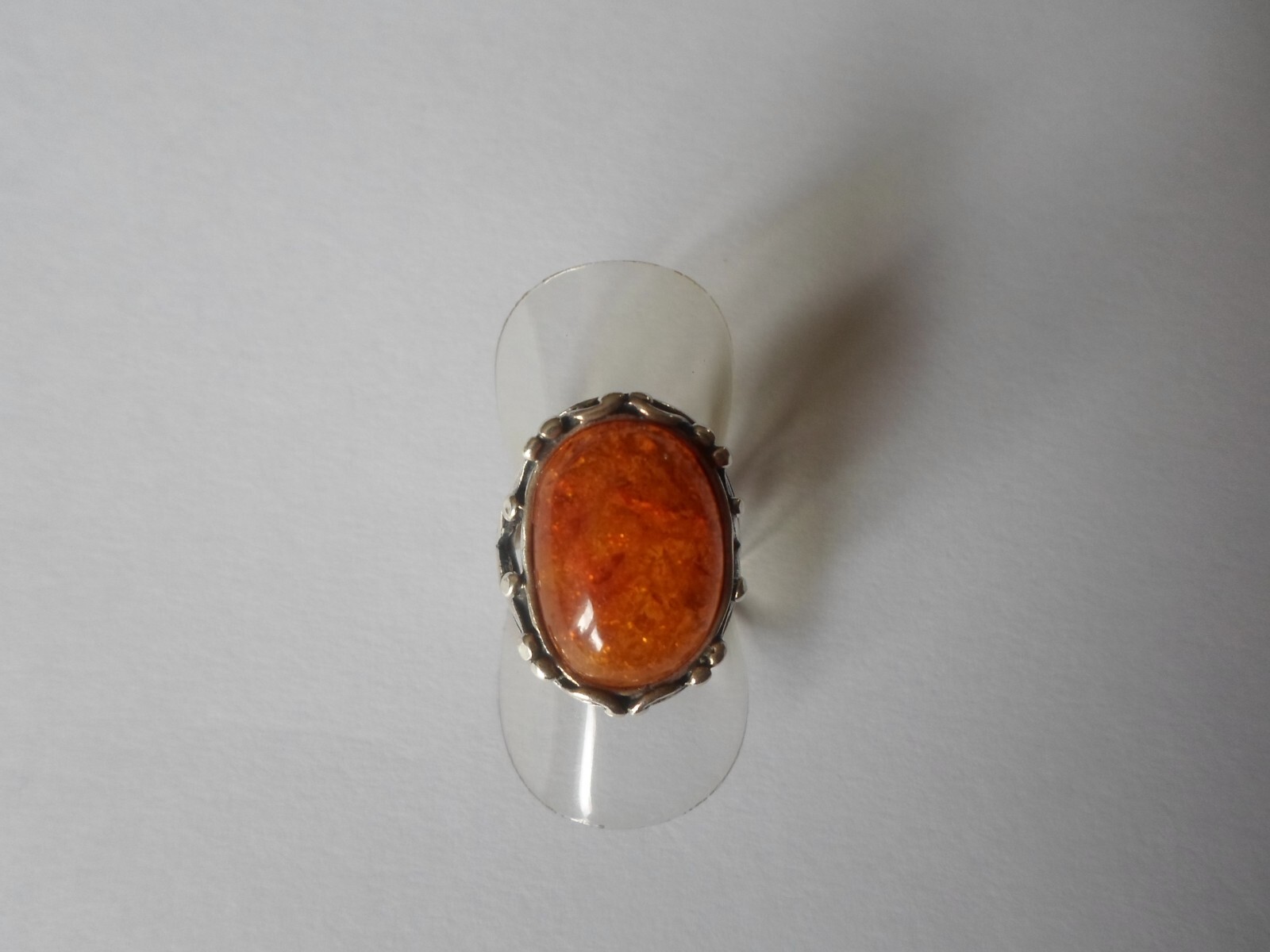 solid silver ring, amber cabochon, openwork sides… - image 10