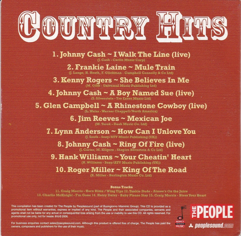 COUNTRY HITS 10 classic tracks ( THE PEOPLE Newspaper CD ) incl. Live Tracks - Bild 2 von 3