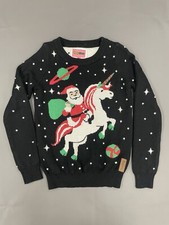 Tipsy Elves Ugly Christmas Sweater Unisex Small Santa Riding Space Unicorn Black