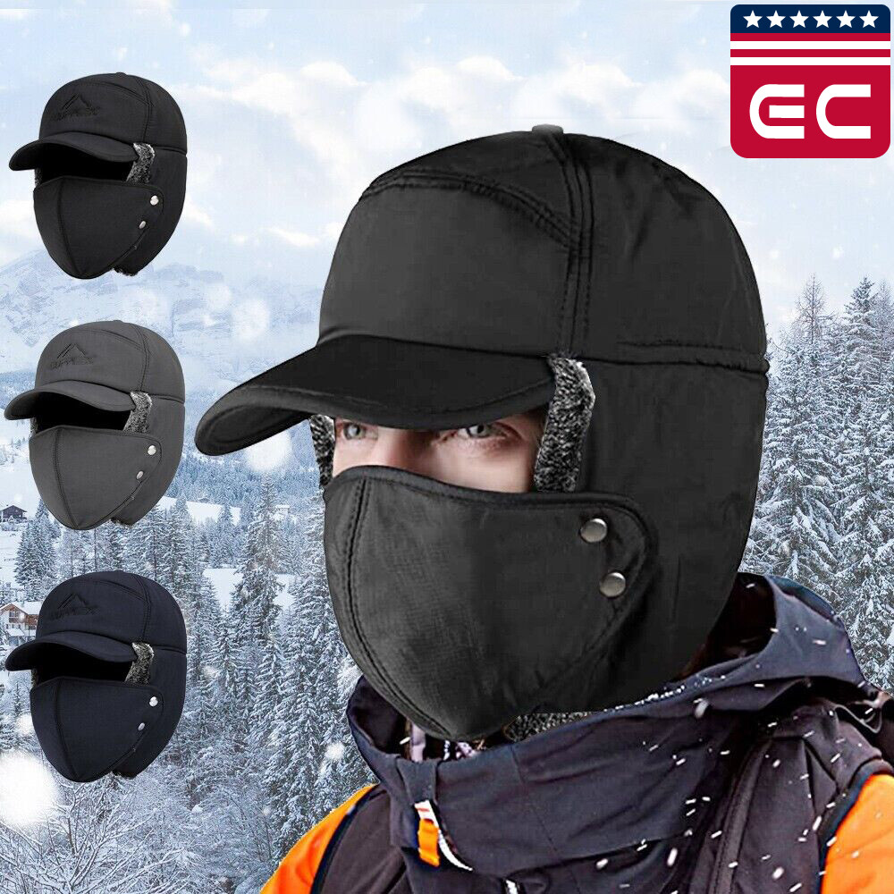 Men Winter Trapper Hat Fur Ear Flap Warm Aviator Cap Face Mask