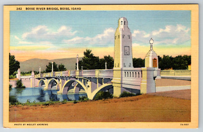 c1940s Boise River Bridge Boise Idaho Wesley Andrews Postcard Linen