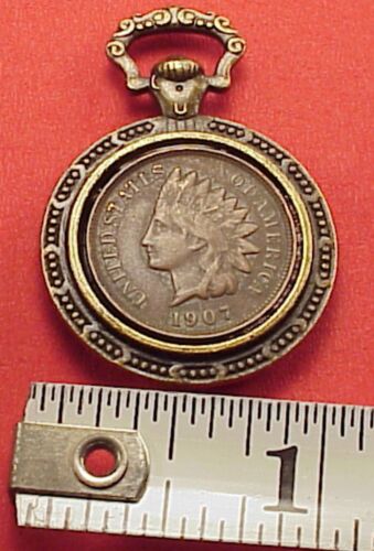 Miniature Indian Head Penny Pocket Watch Fob Chain Charm Pendant Drop - Picture 1 of 3