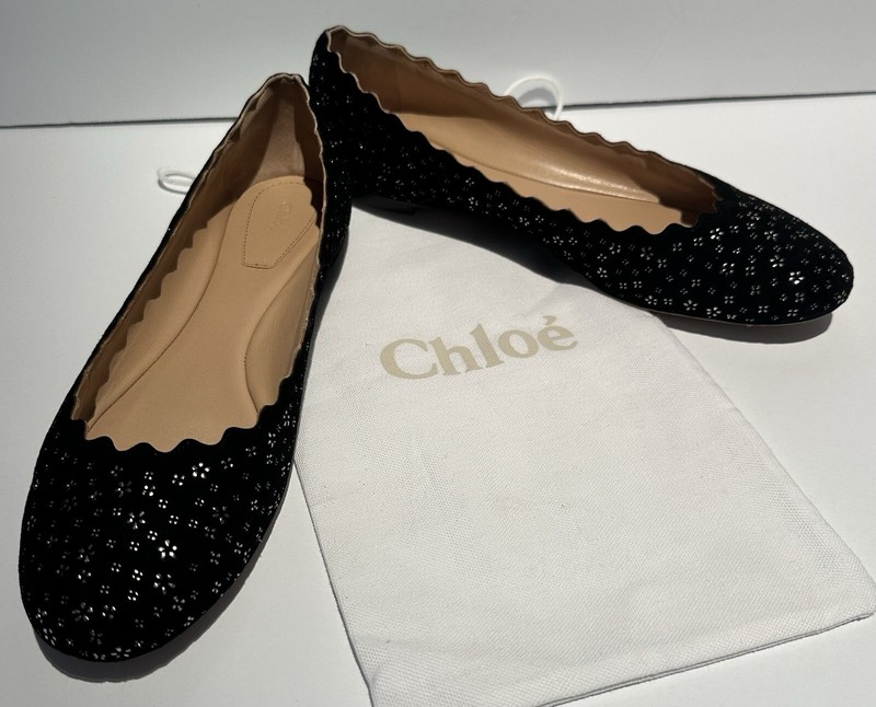 CHLOE Black Suede Leather Silver Floral Flats Loafers Slipper Moccasin Shoes Bag