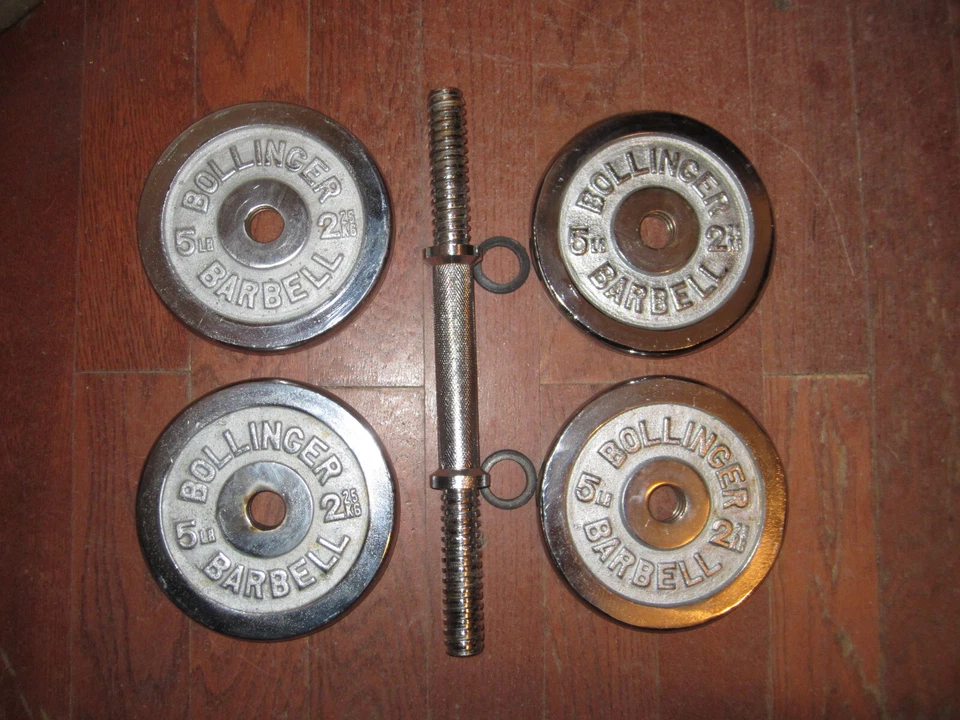20lb BOLLINGER Barbell (4) 5LB Threaded Weight Plates CHROME with Dumbbell Bar - Image 4 of 4