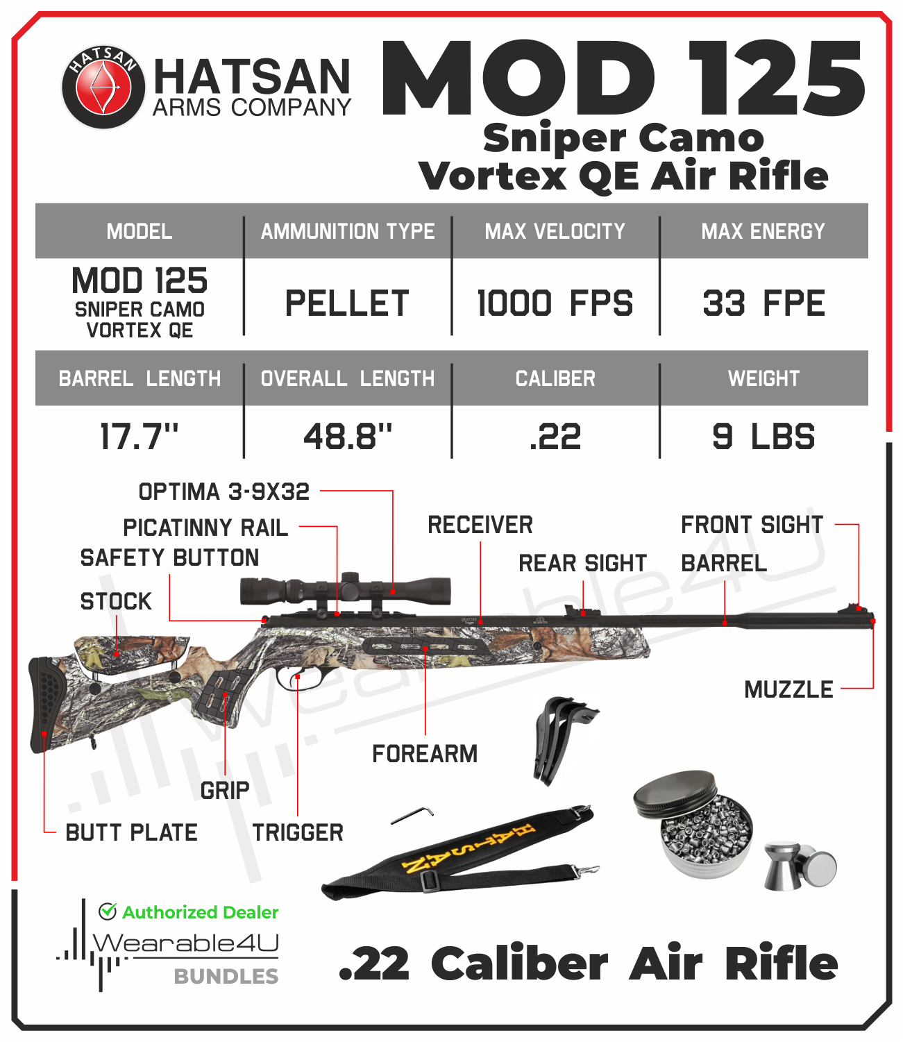 Hatsan MOD 125 Sniper Vortex QE Quiet Energy Air Rifle with Wearable4U  Bundle