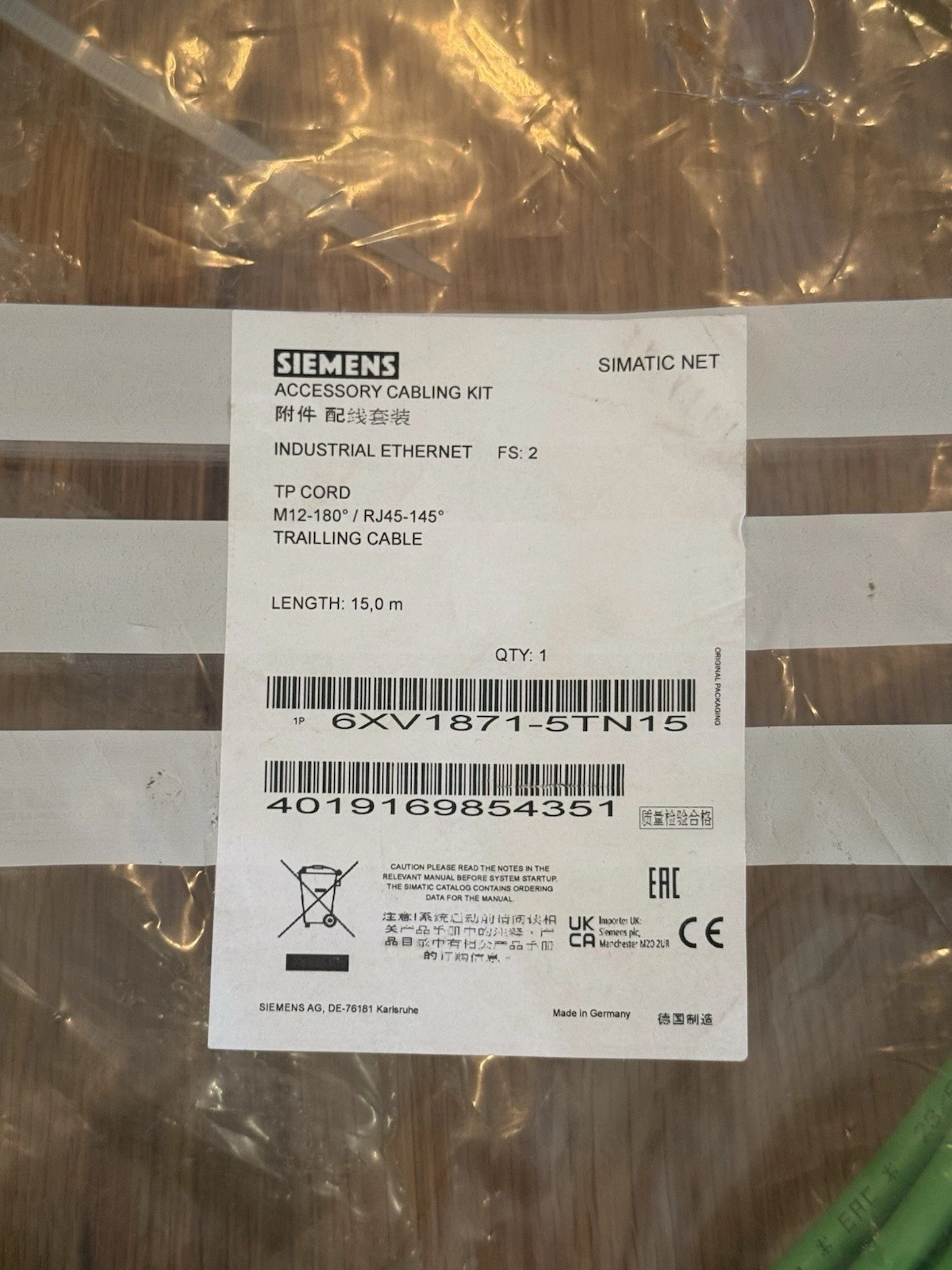 Siemens Accessory Cabling Kit Industrial Ethernet 6XV1871-5TN15 15 Metre - New 2