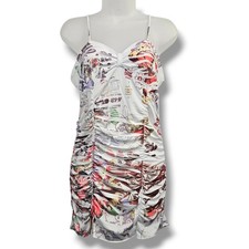 Y2K La Teen Mini Dress L White Pink Graphic Print Ruched Bodycon Babydoll NEW