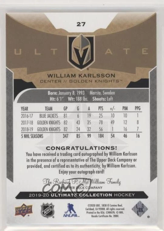 2019-20 Upper Deck Ultimate Collection Auto William Karlsson #27 Auto - Image 2 of 2