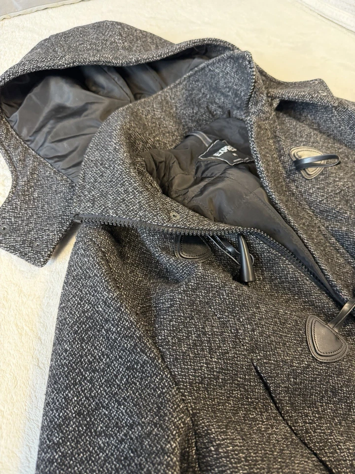 Express Mens Wool Blend Duffle Coat Sz L Toggle Hooded Parka | Melange Gray - Image 3 of 4