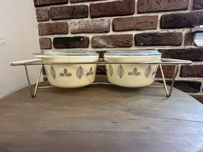 Pyrex Rare Twin Gold Leaf Promo Casserole Dishes w/Stand #473