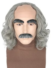 Old Man Wig with Beard and Eyebrows Funny Wigs Short Grey Bald Cap Side