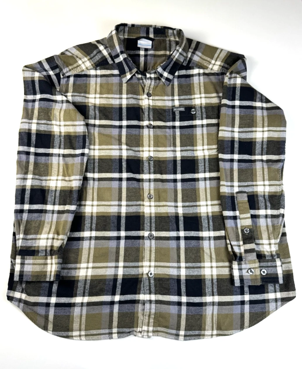Columbia Shirt Mens XXL Green Plaid Flannel Button Up Long Sleeve Cotton Outdoor