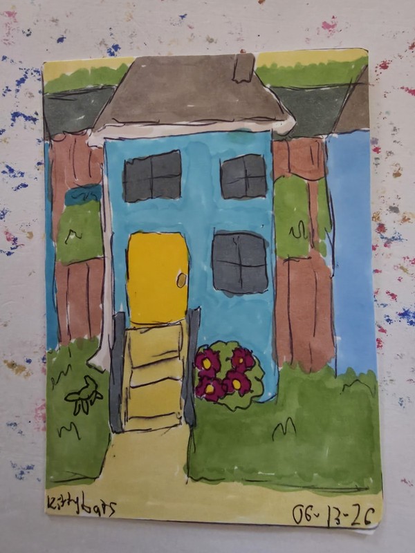 ACEO ATC Kittybats Quaint Town House Neighborhood Scene Nostalgic OOAK