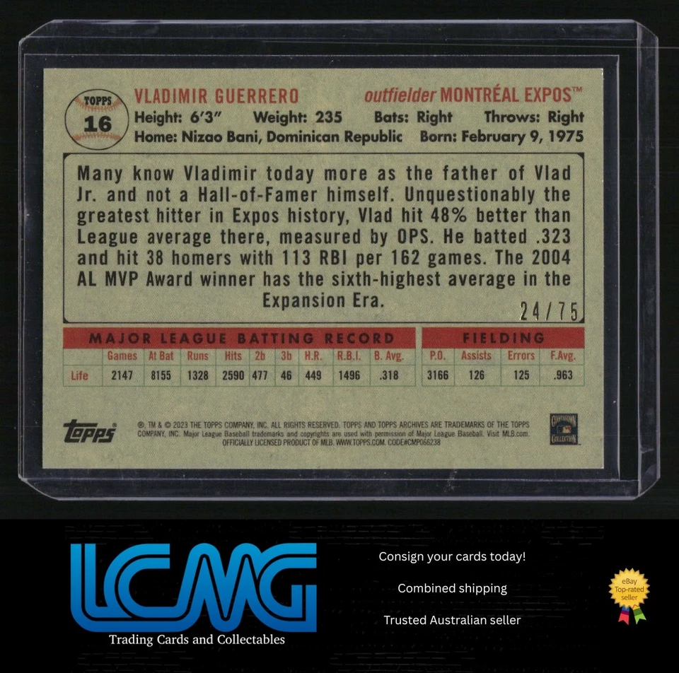 2023 Topps Archives #16 Vladimir Guerrero Aqua Sparkle Foil #/75 G4J - Image 2 of 2