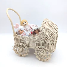Vtg Miniature Wicker Baby Carriage and Porcelain Dolls Dollhouse Nursery Decor
