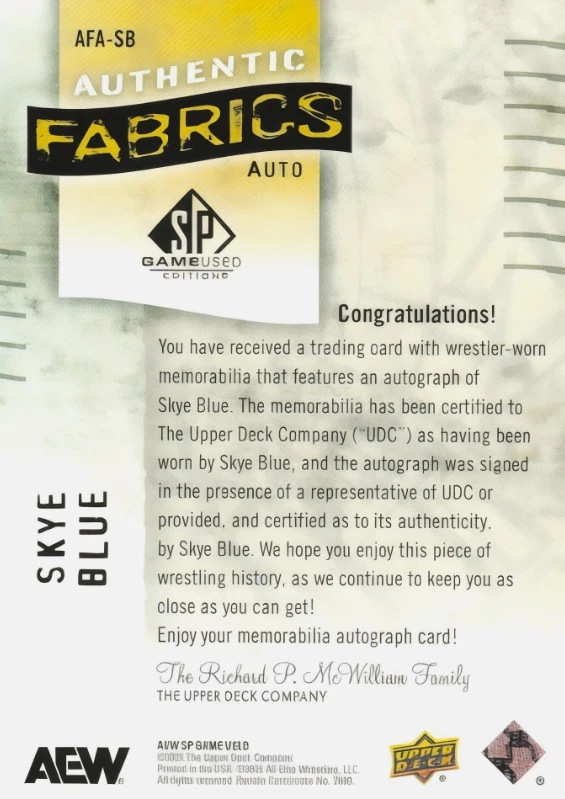 2025 SP Game Used AEW Authentic Fabrics Auto Skye Blue Autograph Relic /99 - Image 2 of 2