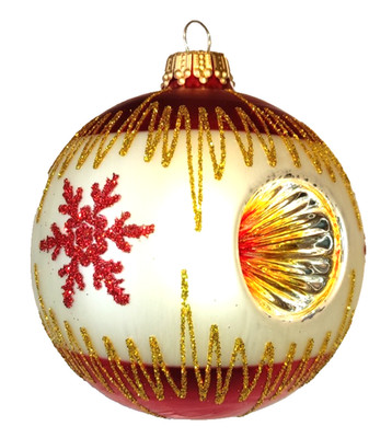KREBS-GLAS Lauscha''  Reflex Weihnachtskugel Glas Ø 8cm Satin-Weiß-Rot * 80