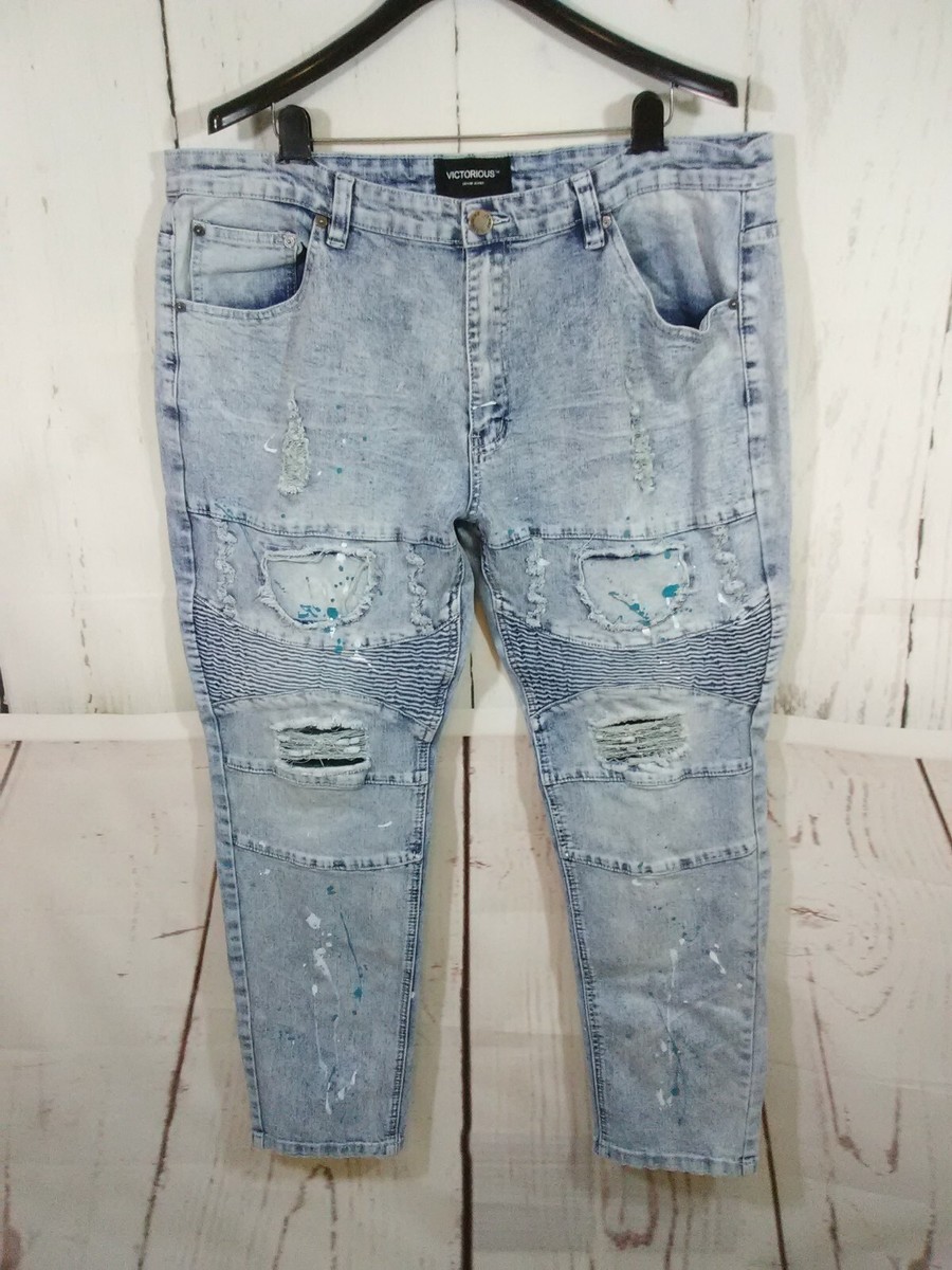 Victorious Jeans Mens 38x32 Acid Wash Paint Splatter Ripped Hip