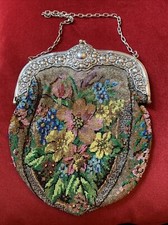 Large Antique Victorian Beaded Handbag With Silver Marked 800 On Frame