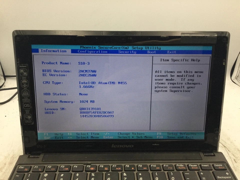 LENOVO IDEAPAD S10-3 - BOOTS TO BIOS - INTEL ATOM N455 - 1GB RAM - READ DESC -BB - Image 2 of 4