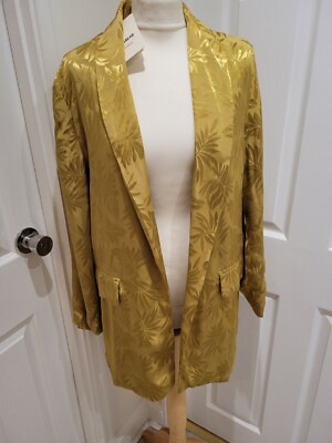 Pull & Bear Size L Gold Floral Longline Lined Special Occasion Jacket Blazer