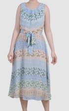 NY Collection Womens Blue Sleeveless Chiffon Belted Dress Petite Size PL