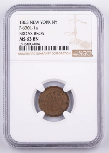 Certified 1861-65 Broas Bros NGC MS63 BN F-630L-1a CWT Card Token 