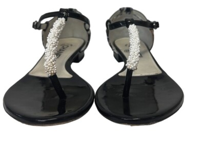 CHANEL Beaded Patent Leather Tweed CC Logo Thong Sandals  display picture 2