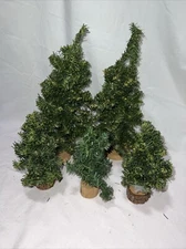 5 Small Pine Trees 6”-11” For Christmas Village, Model Train Set Up On Wood Base