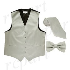 New Men's Solid Tuxedo Vest Waistcoat Necktie  Bowtie Set Party Prom Silver