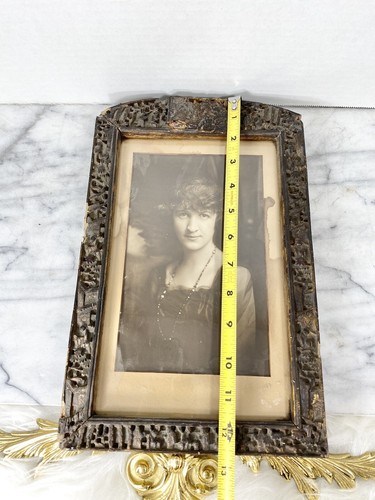 Antique WOOD Asian CARVED PICTURE FRAME w/ Photo Of Woman Portrait Early 1900s - Picture 8 of 11