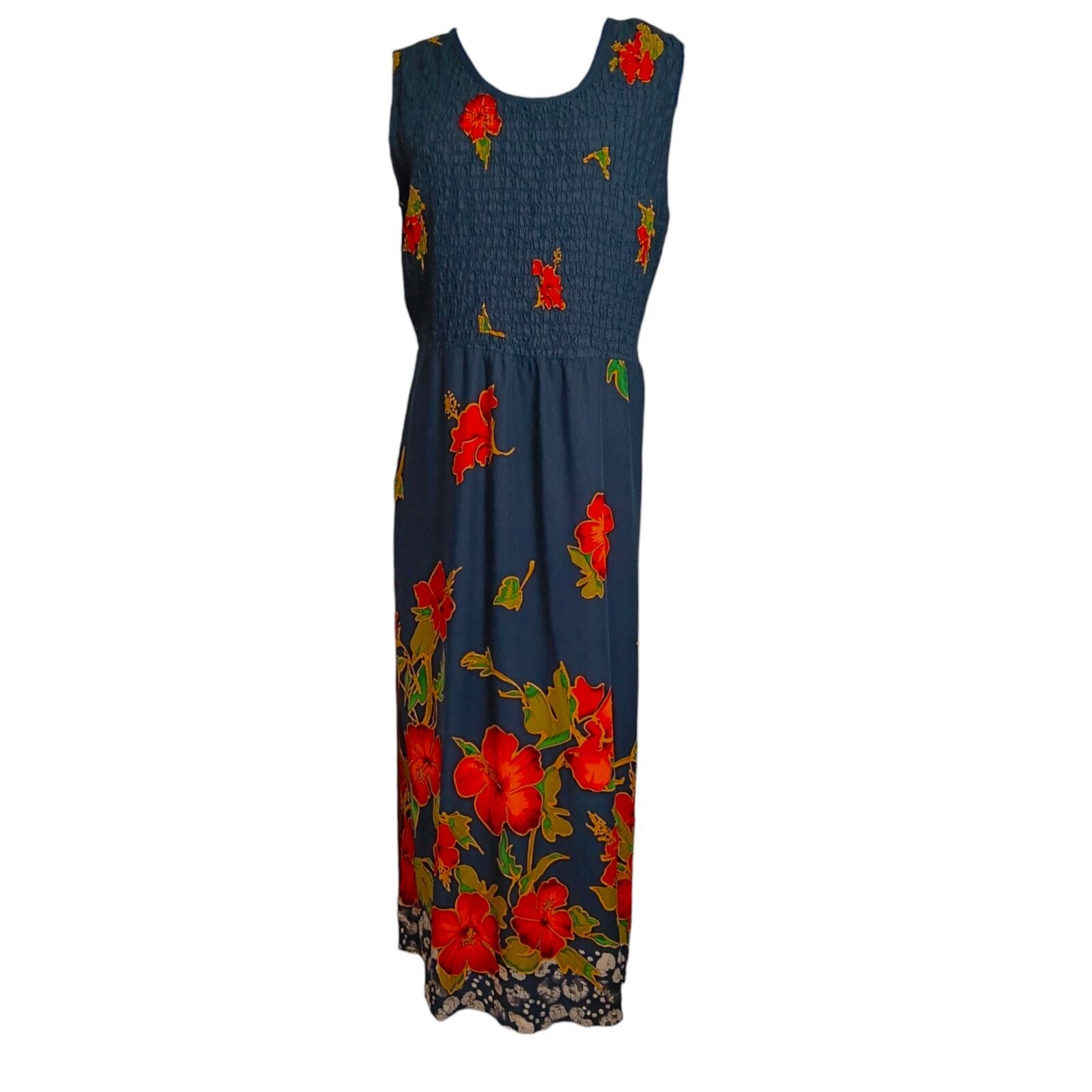 VINTAGE 1990s Maxi Dress Smocked Size 12 Tropical Hibiscus Floral Black Orange