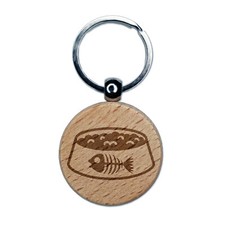 Cat Food Bowl Engraved Wood Round Keychain Tag Charm
