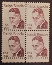 MINT 1982 BLOCK OF 4 SCOTT # 1860 RALPH BUNCHE 20c 20 CENT MNH