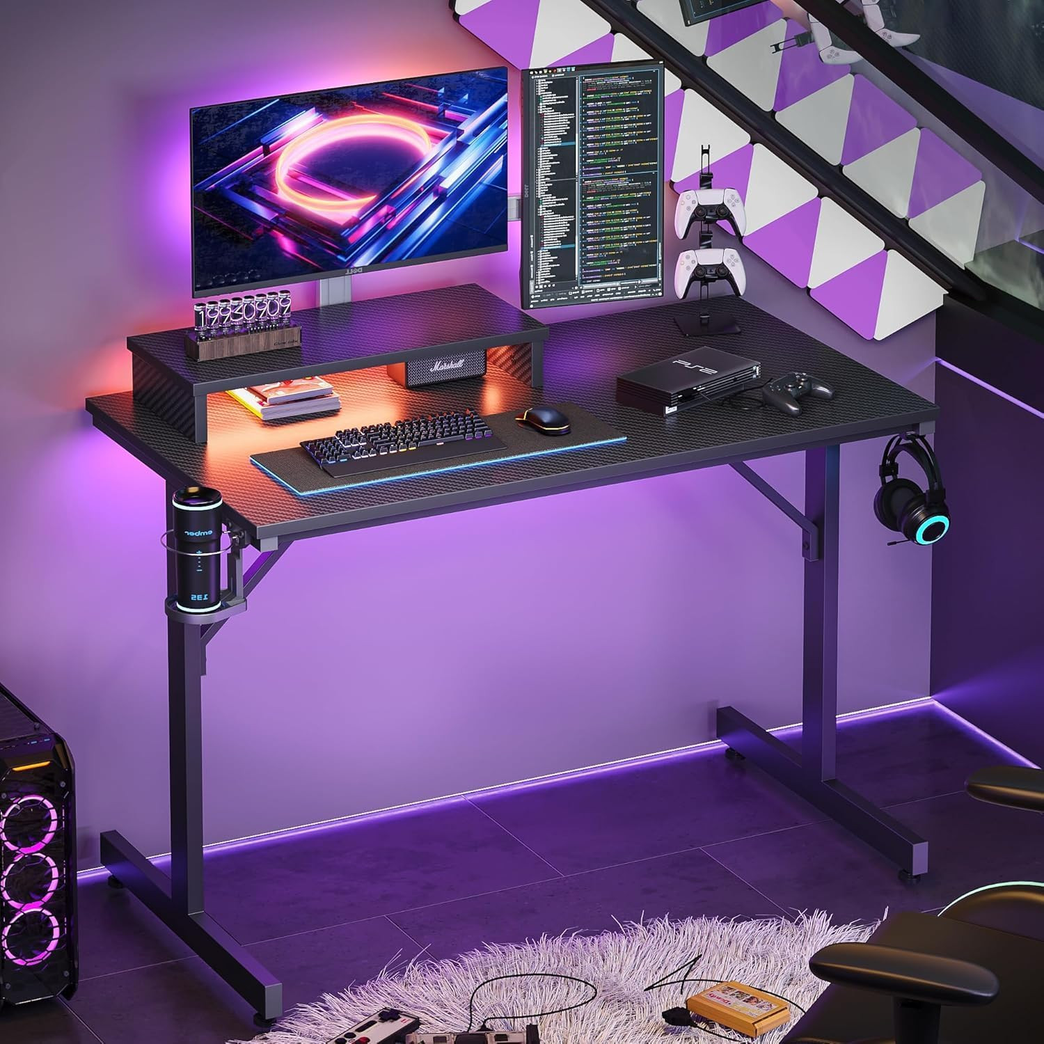 Scrivania Da Gioco LED per PC Con Supporto per Monitor, Tavolo Stabile per Compu foto 5